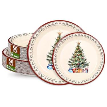 Imagem de LANLISA O conjunto descartável de 100 pratos de papel de Natal inclui pratos vintage de sobremesa de árvore de Natal de 127 a 25 cm e 127 a 20 cm para suprimentos de festa