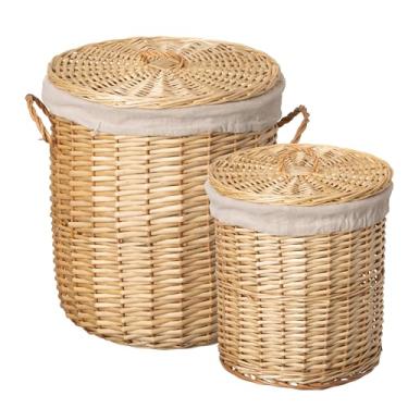 Imagem de Wickerwise Conjunto de 2 cestos redondos de vime de salgueiro com tampas, alças laterais e forros de tecido removíveis, cestos de armazenamento decorativos naturais para roupas, toalhas, cobertores e