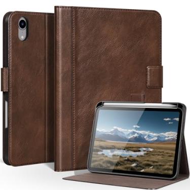 Imagem de CPNVWA Capa de couro genuíno para iPad mini 7ª/6ª geração de 8,3 polegadas, capa fólio premium com suporte para Apple Pencil, despertar/hibernar automaticamente, suporte ajustável e fecho magnético