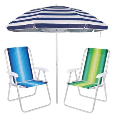 Imagem de Kit Praia 2 Cadeiras Alta Guarda Sol Alumínio Articulado 2 Metros Sombreiro Praia Piscina - Mor (Azul listrado)