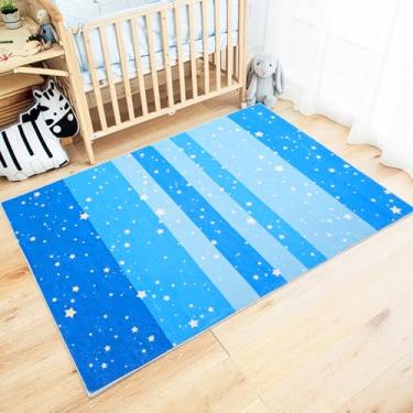 Imagem de Lacomfy Little Stars Tapete azul para quarto 3x5 Whimsy Kids Stars Tapete de sala de estar bonito design simples tapete antiderrapante lavável macio azul tapete de brincar para crianças, azul