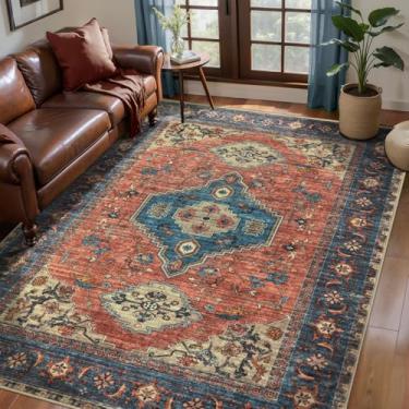 Imagem de Tangsoo Tapete lavável, tapete de área de 10 x 15 cm, tapete oriental interno para sala de estar, antiderrapante, lavável na máquina, tapetes grandes, tapete de terracota envelhecido com estampa macia