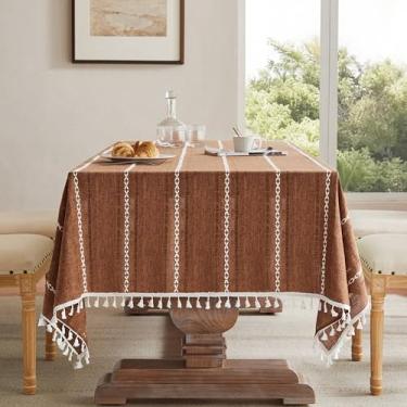 Imagem de ZeeMart Toalha de mesa boho listrada bordada com bainha 137 x 137 cm, caramelo, toalha de mesa pesada de estopa de linho laranja marrom, resistente a vincos, lavável para mesa quadrada