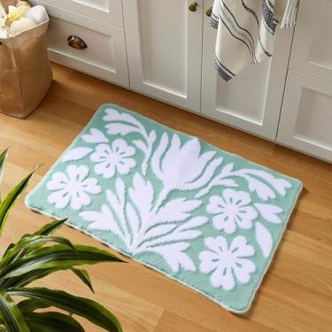 Imagem de birowtec Tapete de banheiro verde sálvia antiderrapante floral boho tapete de banho macio lavável na máquina para decoração de quarto pia banheira banheiro (verde, 78,7 cm x 50,8 cm)