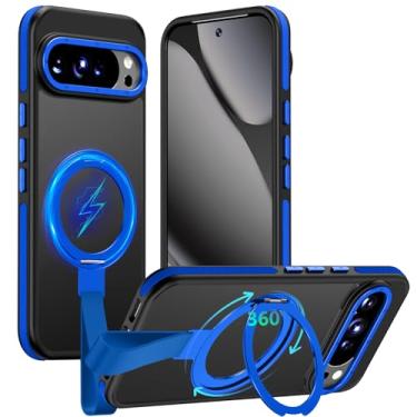 Imagem de TIANNIUKE Capa para Google Pixel 10 Pro XL, suporte magnético giratório de 360° com alça de silicone, adequado para capa de telefone MagSafe Mil-Grade à prova de choque translúcida fosca fosca (azul)