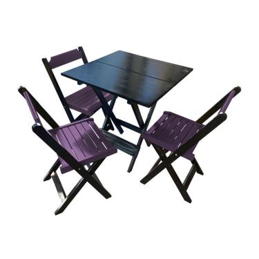 Imagem de Mesa De Madeira Dobrável Preto 70x70 Com 3 Cadeiras Dobráveis Roxo - Roxo