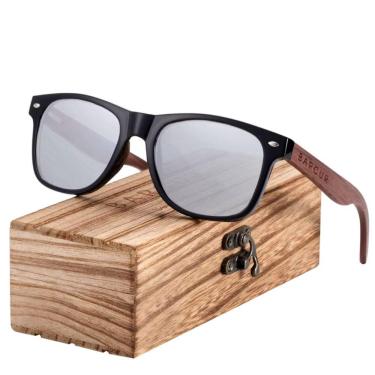 Imagem de Óculos De Sol Polarizados Quadrado Hastes De Madeira Proteção Uv400 Prata