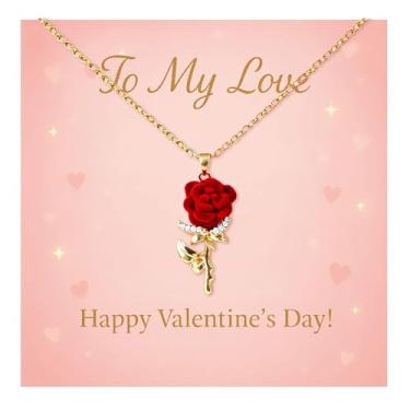 Imagem de Your Always Charm Colar de rosa vermelha – Colares femininos de Dia dos Namorados, joia de rosa banhada a ouro, colar de flores românticas para ela, pronto para presente, Latão, Latão
