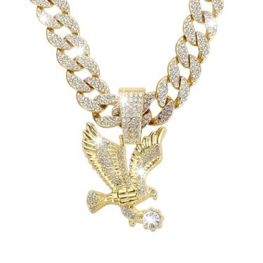 Imagem de YSFTYIYI Colar de corrente cubana hip hop – banhado a ouro 18K e prata esterlina | Mais de 300 cristais de monofone | Pingentes personalizáveis | Conjunto de presente unissex, Large, Liga de aço