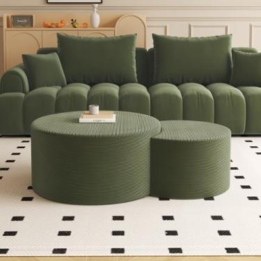 Imagem de BSHOMGI Conjunto de 2 mesas de centro estofadas redondas de veludo cotelê redondo de espuma lateral para sala de estar, conjunto de entrada, 81 cm + 43 cm, apoio para os pés ou bancos de cama, sem