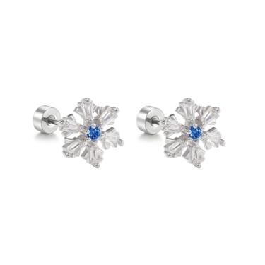 Imagem de 20 g Floco de neve azul transparente zircônia cúbica parafuso de Natal pequeno pino para mulheres aço inoxidável banhado a prata flor de inverno minúsculo dorminhoco cartilagem brincos moda joias para