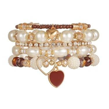 Imagem de Conjunto de 5 pulseiras de contas empilháveis boêmias, multicoloridas, imitação de pérola, pingente de coração, pulseiras elásticas, multicamadas, feitas à mão, amizade, férias, praia, joias