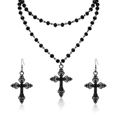 Imagem de RLHRNDE Gargantilha gótica em camadas preta para mulheres punk colar com pingente de cruz preta lua crescente sol brincos Halloween Natal conjunto de joias góticas, Medium, Metal, Sem Pedra Preciosa