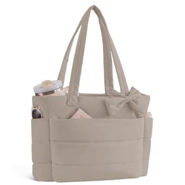 Imagem de Bolsa feminina acolchoada com suporte para copo e compartimento de laptop de 15,6 polegadas para trabalho, viagens, academia, faculdade, Marrom claro, Tendência