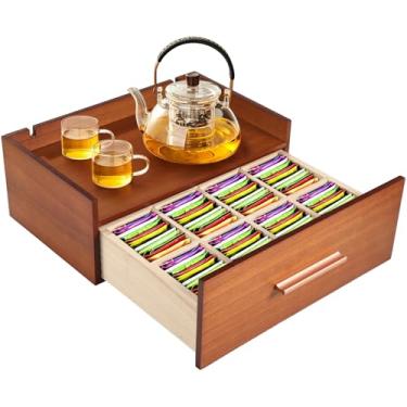 Imagem de Organizador de saquinhos de chá de madeira, caixa de armazenamento de chá para bancada, organizador de estação de chá com compartimentos para cabos, organizador multifuncional de saquinhos de chá com