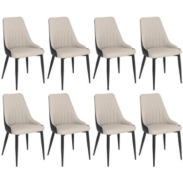 Imagem de Kit 8 Cadeiras De Jantar Estofada Torino Design Italiano Costuras Geométricas Base Em Metal - Bege-cinza Escuro