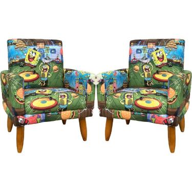 Imagem de Kit 2 Poltronas Decorativa Infantil Confortável Para Quarto Suede Com Estampa Pés Castanhos