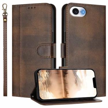 Imagem de JanCalm Capa carteira para iPhone 16e, compartimentos para dinheiro, alça de pulso, fecho magnético, proteção de couro PU, capa de design minimalista, capas flip com suporte para iPhone 16e (marrom)