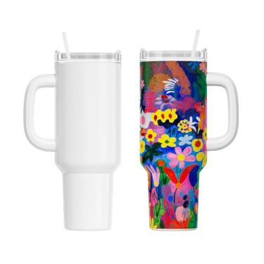 Imagem de HTVRONT Copo de sublimação de 1,134 g com alça removível e tampa de palha, copo de sublimação isolado de aço inoxidável, prensa térmica, copos de café de viagem a granel para artesanato DIY (pacote