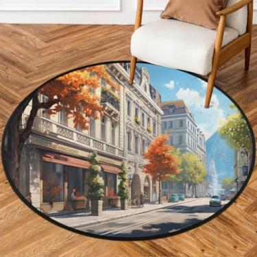 Imagem de Tapete redondo de 1,5 m aquarela cidade rua tapetes de área circular antiderrapante lavável tapete de porta para interior quarto berçário sala de estar cozinha banheiro entrada casa tapete decoração