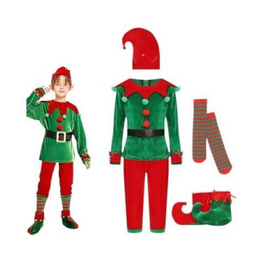 Imagem de Fantasia De Natal Deluxe Para Crianças Verde E Vermelha, Conjunto De 7