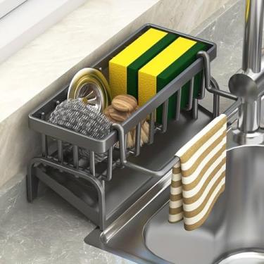 Imagem de Suporte de esponja para pia de cozinha, organizador de pia de cozinha com bandeja de drenagem automática - cinza