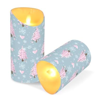 Imagem de Blueangle Pacote com 2 velas de árvore de Natal rosa sem chamas com controle remoto e temporizador, velas LED cintilantes (7,6 cm x 15 cm) para decoração de casa, casamento, acampamento (27)