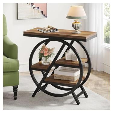 Imagem de SPXMQSS Mesinha de cabeceira moderna, mesa de cabeceira estreita com prateleira de armazenamento e moldura metálica, prateleira aberta, para quarto, sala de estar, 65 x 30 x 65 cm, castanho claro