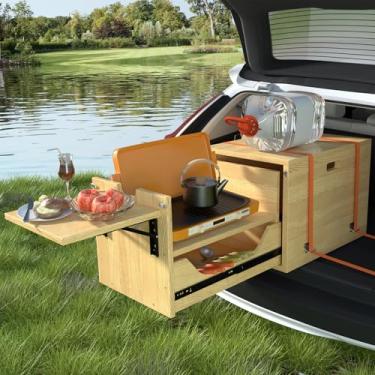 Imagem de Haddockway Sistema deslizante Overland Kitchen, mesa de acampamento dobrável multifuncional com gaveta de armazenamento para SUV, caixa de cozinha de acampamento para cozinhar ao ar livre, piquenique