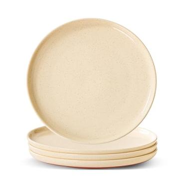 Imagem de GZG Conjunto de louça de cerâmica para 4, conjunto moderno de pratos de grés salpicado, prato seguro para micro-ondas e lava-louças, resistente a arranhões, perfeito para reuniões diárias (cor damasco