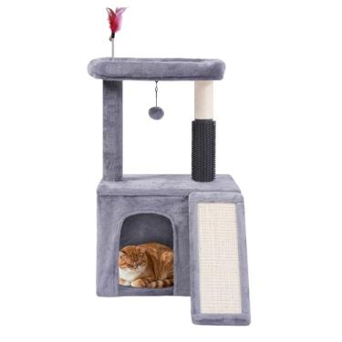 Imagem de SMOUATOU Árvore para gatos com escova de cuidados pessoais e brinquedos interativos, torre de árvore para gatos internos, torre para gatos com poste de arranhar de sisal e almofadas para arranhar