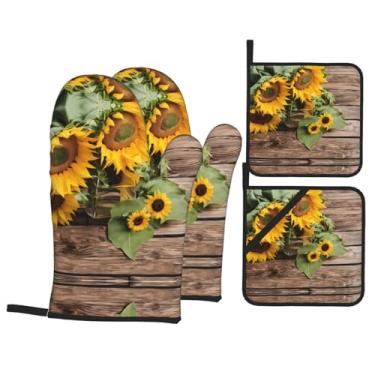 Imagem de Girassóis - Conjunto de luvas de cozinha estampadas com suportes de tampa, luvas de forno resistentes ao calor para manusear panelas quentes, grelhar, churrascos, kit de 4 peças.