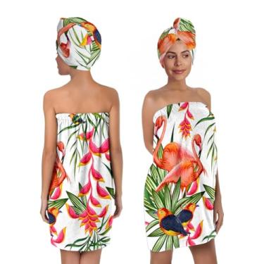 Imagem de Toalha de banho corporal com estampa de folhas de palmeira flamingo e toalha de cabelo para mulheres e meninas, conjunto de toalhas de banho macio e secagem de cabelo, secagem rápida, absorvente
