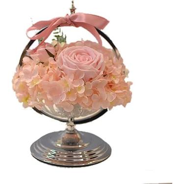 Imagem de LMJYU Flor artificial com vaso de orquídea, pano de fundo de casamento, flor artificial, rosa, hortênsia, rosa, com suporte de vela de prata, suporte de mesa, decoração de festa