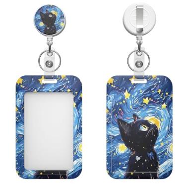 Imagem de Porta-crachá retrátil com clipe de mosquetão e chaveiro, várias opções de padrões, bonito e moderno (gato do céu estrelado)