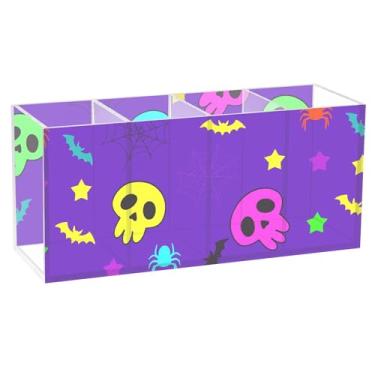 Imagem de Burbuja Porta-canetas de acrílico com caveiras de desenho animado, 4 compartimentos, suporte de lápis transparente para pincéis de maquiagem, acessórios de mesa de escritório em casa