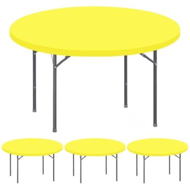 Imagem de Pacote com 4 toalhas de mesa redondas ajustadas para mesas de 152 cm, impermeável, elástica, lavável, dobrável, toalha de mesa de elastano, para jantar, casamento, banquete e festas (amarelo)