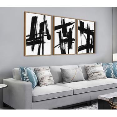 Imagem de Shoci Arte de parede Wabi Sabi abstrata emoldurada grande arte de parede moderna neutra preta em tela branca imagens flutuador natural emoldurado tinta simples decoração para sala de estar quarto