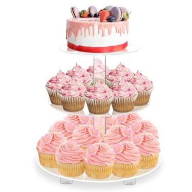 Imagem de YestBuy Suporte de cupcake redondo de 3 camadas com base, suporte de bolo de acrílico, suporte de torre de cupcake, suporte de cupcake premium para 28 cupcakes, exibição para confeitaria, festa de aniversário de casamento (10 cm entre 2 camadas)