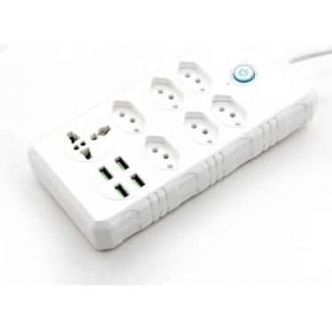 Imagem de Régua Filtro de Linha com 7 Tomadas Extensão Elétrica 1 Universal 4 USB Bivolt 10A 110v/220v Cabo de 2 Metros Seguro.
