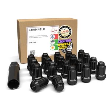 Imagem de Conjunto de peças de acessórios para roda de 20 porcas longas de 1,38 polegadas com ponta fechada e saliência de bolota de porcas de porcas para assento com chave (M12 x 1,25, preto)