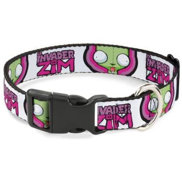 Imagem de Coleira para animais de estimação Nickelodeon, fivela de plástico para coleira de cachorro, logotipo do título Invader Zim e pose Gir Close, rosa branco, 21 a 30 cm, 0,5 polegadas de largura