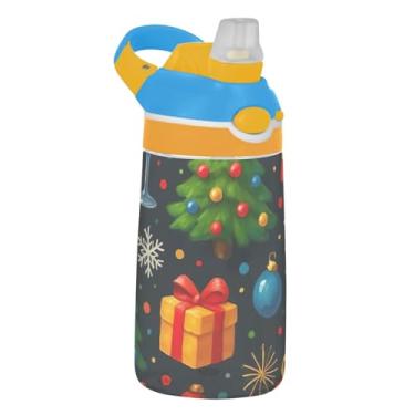 Imagem de Christmas Trees Garrafa de água preta infantil 473 ml à prova de vazamento garrafa de água esportiva com tampa de canudo 473 ml Tritan copo de viagem portátil infantil reutilizável, alça de transporte
