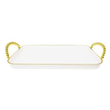 Imagem de Bandeja Luxo Decorativa com alças Grande Borda Dourada Banheiro Lavabo Multiuso Cantinho do Café, Ideal para Servir Petiscos e Decoração de Mesa Brasileira(BANDEJA RETANGULAR DOURADA)