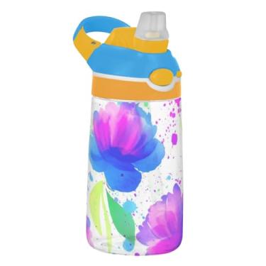 Imagem de Garrafa de água esportiva de 473 ml com canudo para crianças, meninas, meninos, garrafa de água Tritan reutilizável de 473 ml, copo infantil portátil à prova de vazamento, alça de transporte, flores