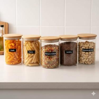 Imagem de Kit com 5 Potes de Vidro Borossilicato com Tampa de Bambu, 950 ml, 18,5 cm Altura x 9,5 cm Diâmetro, Transparente, para Armazenamento de Alimentos