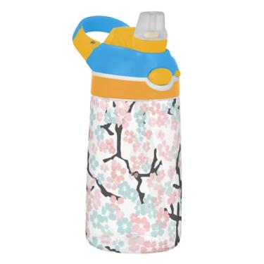 Imagem de Garrafa de água esportiva infantil floral macia rosa azul bege para escola, 473 ml Tritan 473 ml garrafa de água com canudo, copo infantil portátil à prova de vazamento, alça de transporte