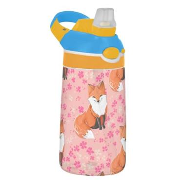Imagem de Garrafa de água esportiva infantil Cute Foxes Pink Blossom para escola, 473 ml, 473 ml, garrafa de água Tritan com canudo, copos de viagem reutilizáveis para crianças, portátil, alça de transporte