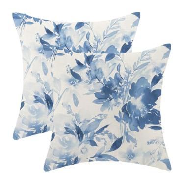 Imagem de Conjunto de 2 capas de almofada florais de primavera 45,7 x 45,7 cm com flores azuis aquarela, decoração ao ar livre, vintage, verão, floral, fronha, capa de almofada para sofá de casa