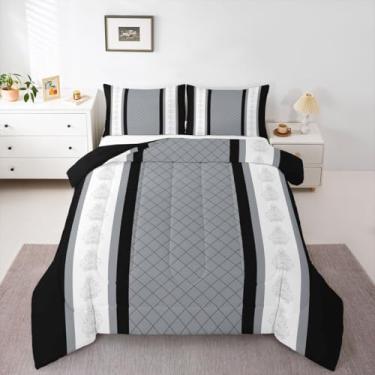 Imagem de jejeloiu Conjunto de edredom geométrico de listras tamanho queen para crianças, meninos e meninas, arte listrada moderna, edredom xadrez, decoração de quarto de microfibra, 3 peças com 2 fronhas